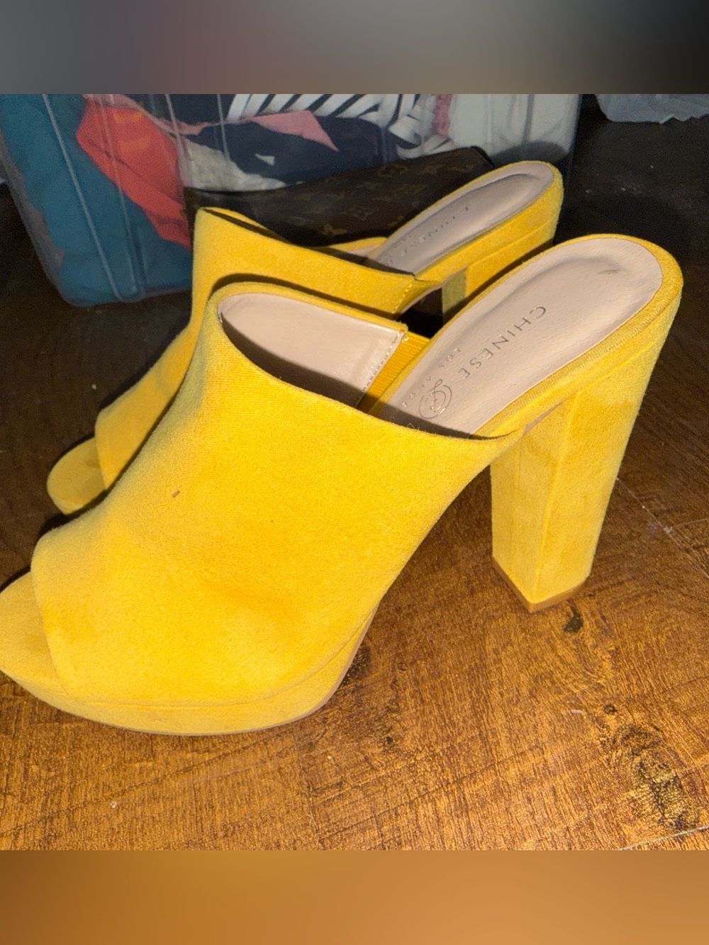 Chinese Laundry Yellow Suede Block Heel Mules